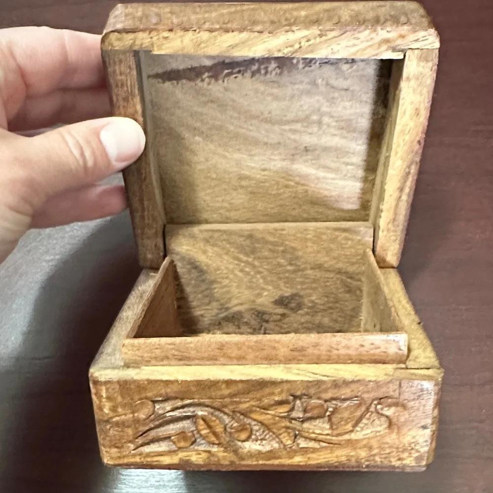 Carved Floral Wooden Trinket Box in Warm Brown